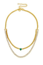Double Layer Curb Chain Necklace, Plated Brass & Cubic Zirconia